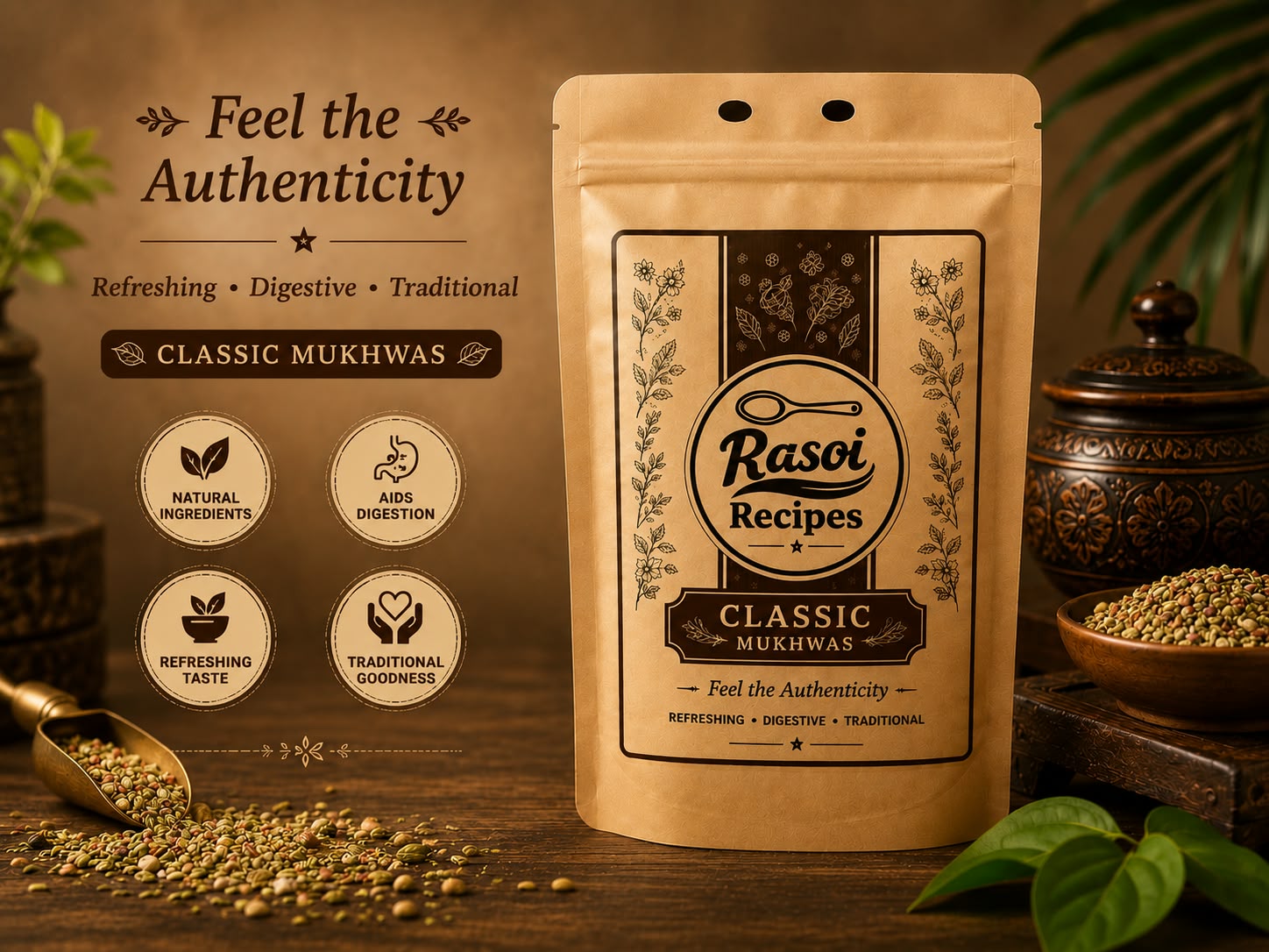 Rasoi Recipes Classic Mukhwas pouch surrounded by fennel and spices